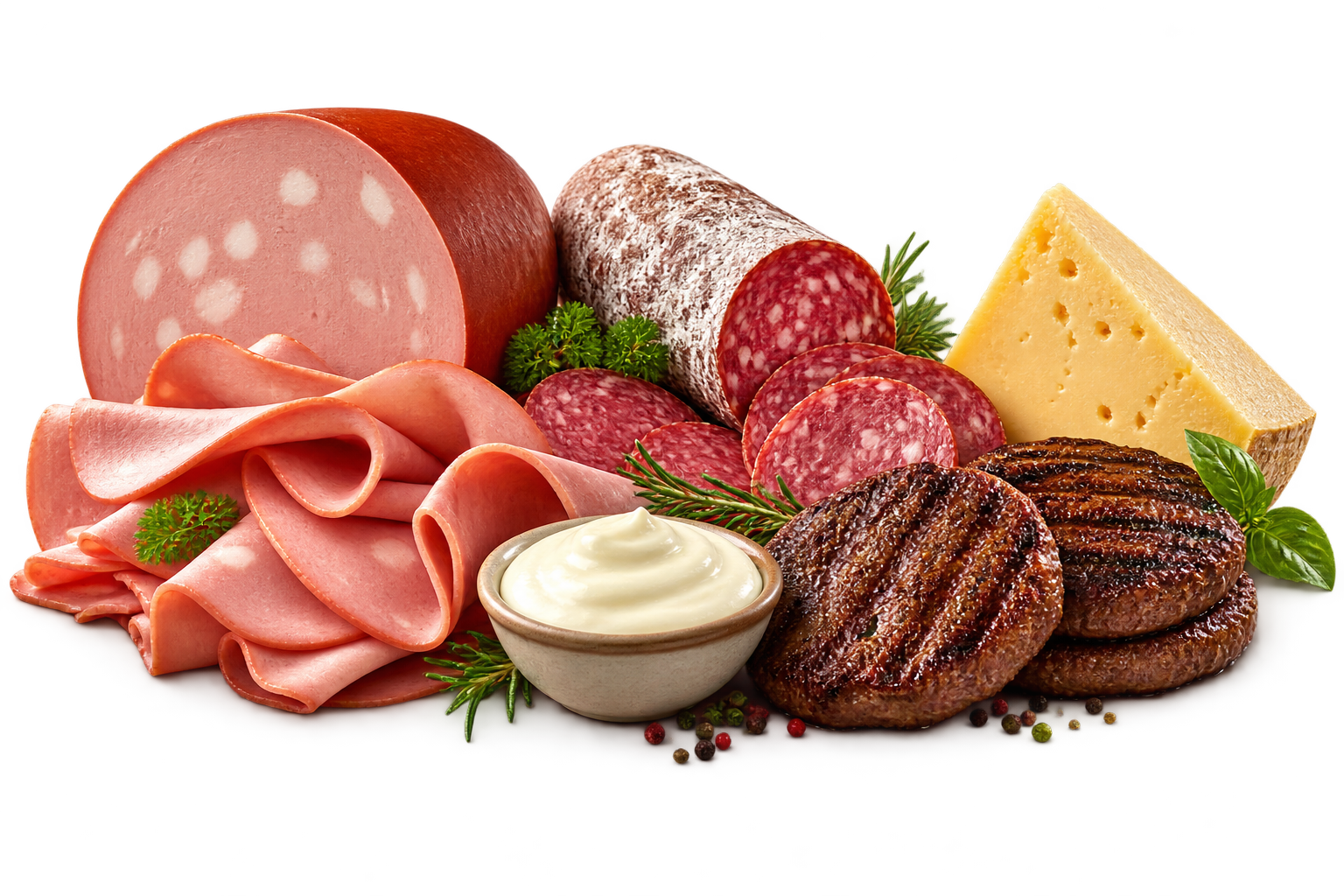 Seleção de frios, queijos, hambúrgueres e alimentos para o comércio